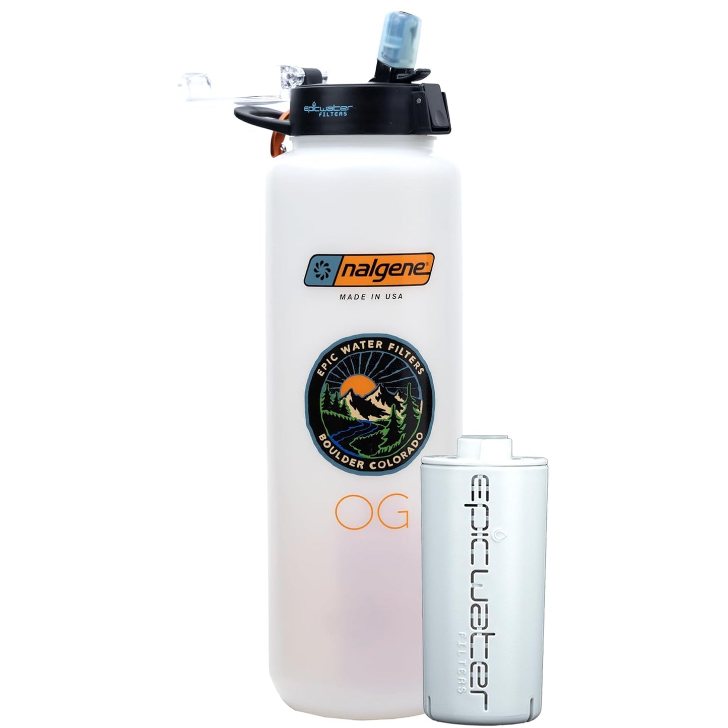 Epic Water Filters Nalgene OG Water Bottle with Filter, USA Made, BPA Free, Removes 99.99% Tap Water Contaminants, Forever Chemicals, White LDPE, 48 Oz