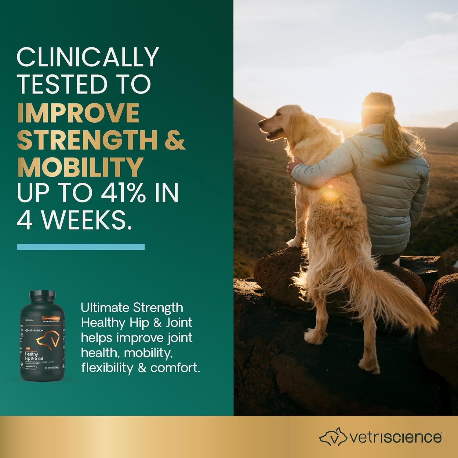 Vetriscience Ultimate Strength Healthy Hip & Joint Tablets, Glycoflex Glucosamine, Chondroitin & Green-Lipped Mussel Joint Support Supplement for Dogs, Soothe Joint Discomfort, 120 Chewable Tablets