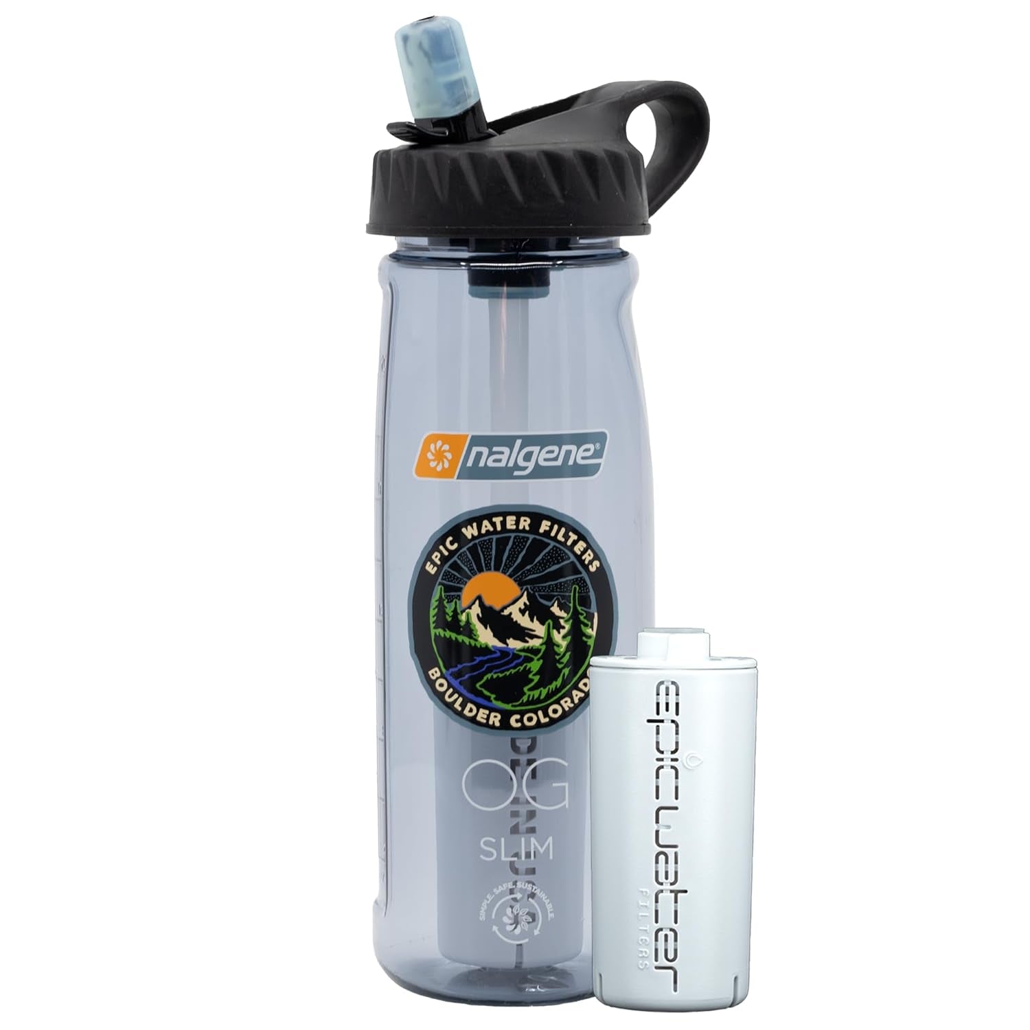 Epic Water Filters Nalgene OG Water Bottle with Filter, USA Made, BPA Free, Removes 99.99% Tap Water Contaminants, Forever Chemicals, Smoke Grey, 32 Oz