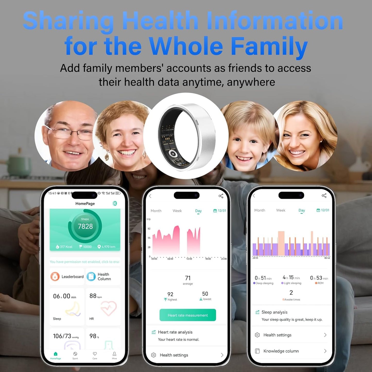 Smart Ring Fitness Tracker Ring for Men Women - Health Heart Rate Ring with Motion Tracking, Sleep Monitor, and Oximetry, No Subscription Fee, Family Care, Remote Photography, IP68 Waterproof(10#)