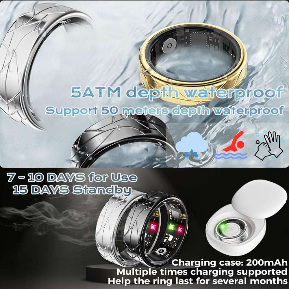 Smart Ring Fitness Tracker Sleep Tracking Heart Rate Monitor Pedometer, Waterproof Activity Tracker Fitness Ring Steps Counter, Gesture Controls for Short Video, 8 Days Battery Life, Silver, #12