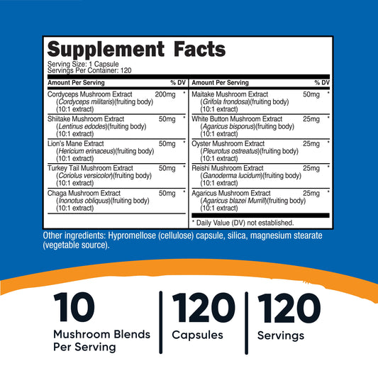 Mushroom Complex Supplement, 120 Capsules - 10 Mushroom Blend - Supplement