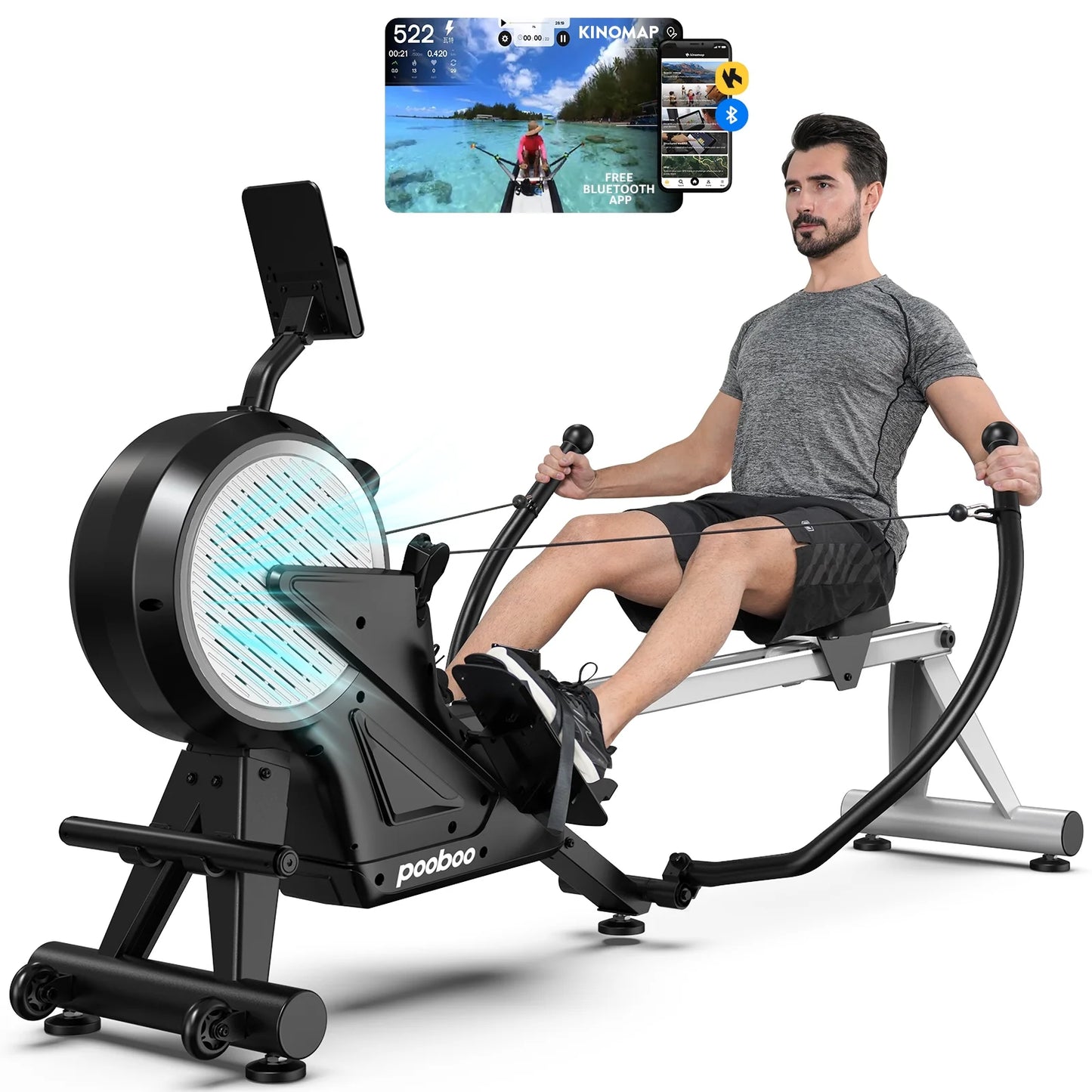 Dual Wind&Magnetic Rowing Machine 450Lbs Weight Capacity Foldable Exercise Rower Full Motion Air Rower Machine with Built-In Bluetooth App for Home Cardio Workout