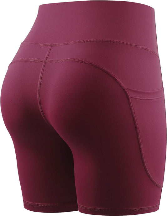 CADMUS High Waist Yoga Shorts for Women Workout Running Shorts Naked Feeling Biker Shorts Tummy Control Deep Pockets, Wine Red, XS