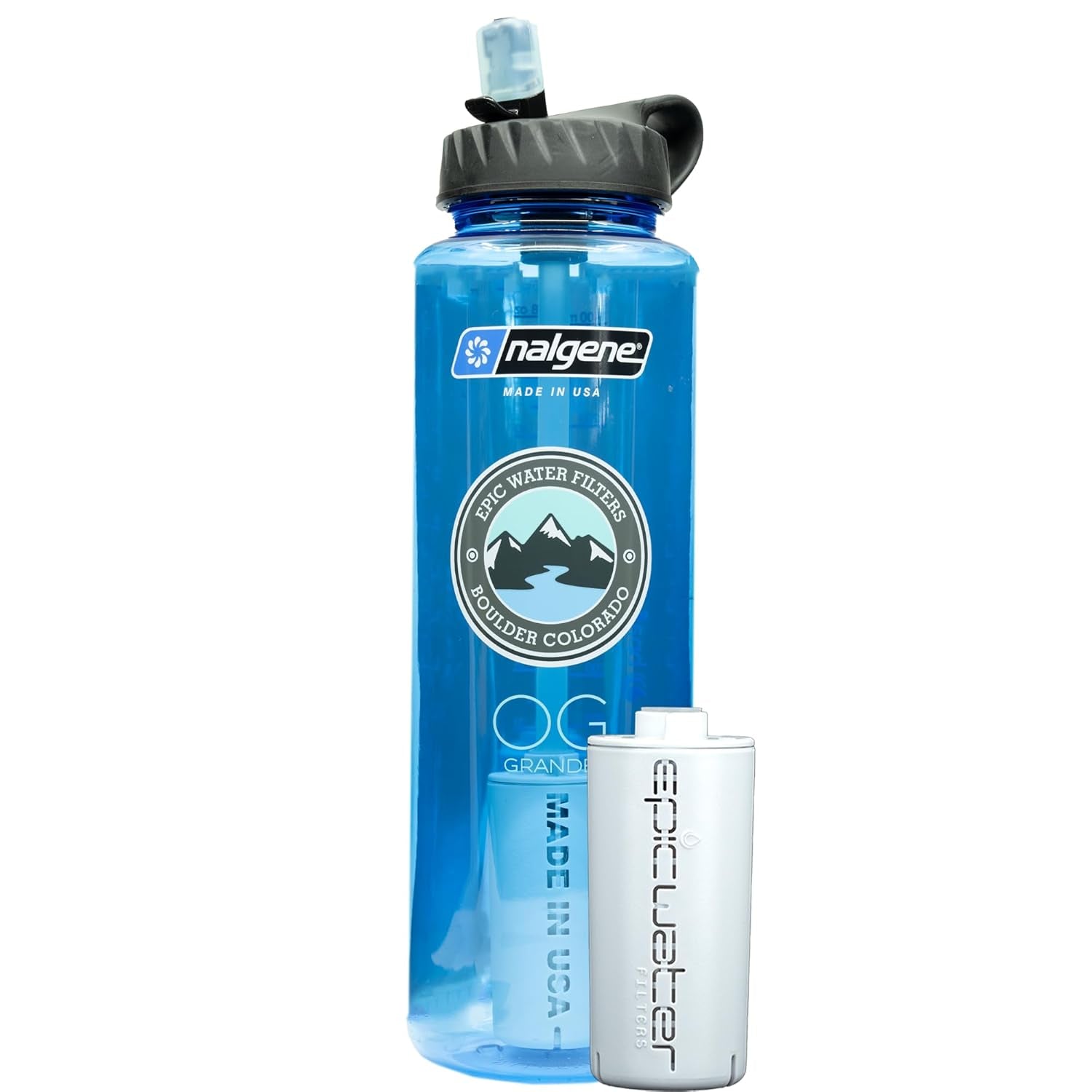 Epic Water Filters Nalgene OG Water Bottle with Filter, USA Made, BPA Free, Removes 99.99% Tap Water Contaminants, Forever Chemicals, Slate Blue, 48 Oz