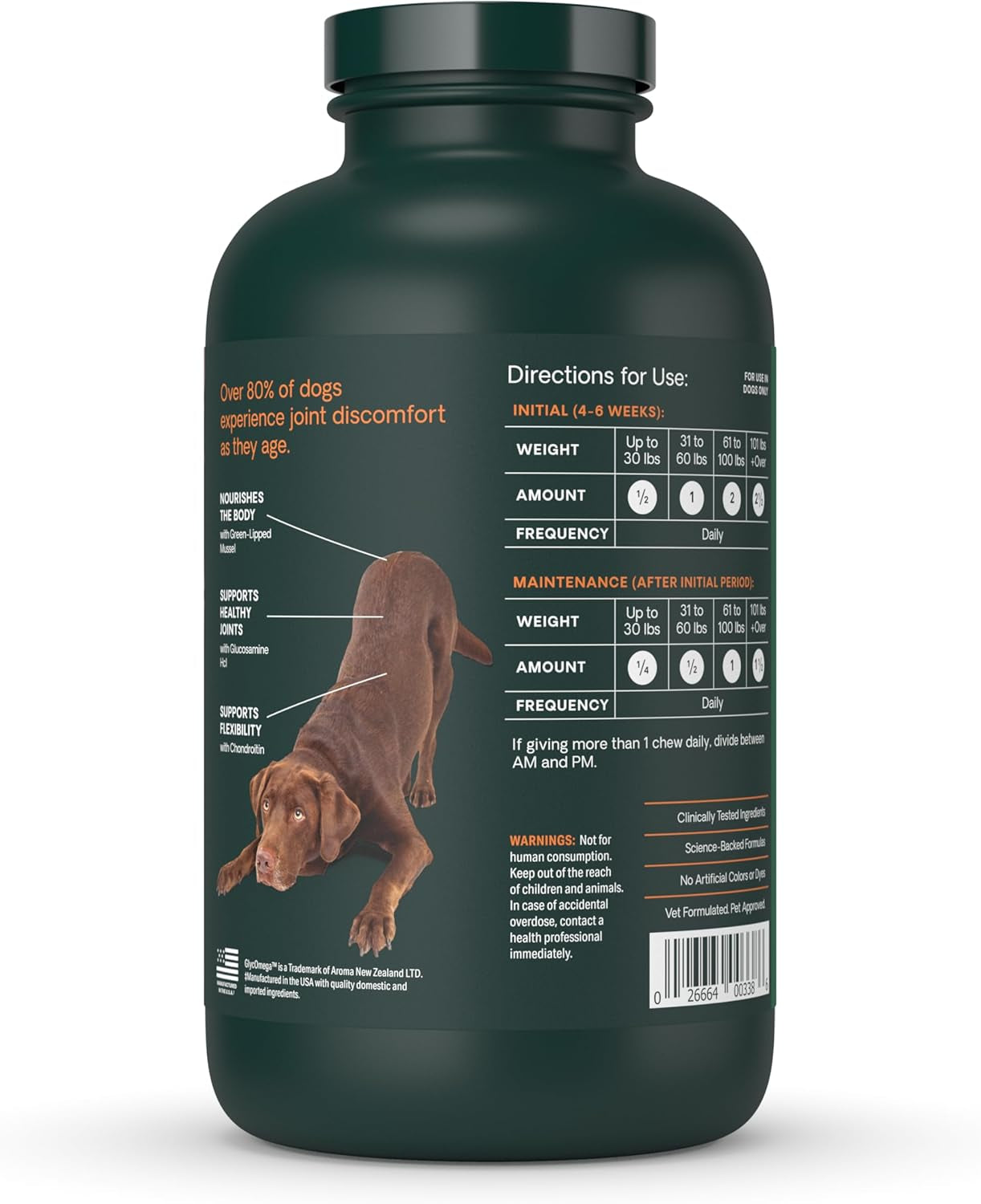 Vetriscience Ultimate Strength Healthy Hip & Joint Tablets, Glycoflex Glucosamine, Chondroitin & Green-Lipped Mussel Joint Support Supplement for Dogs, Soothe Joint Discomfort, 120 Chewable Tablets