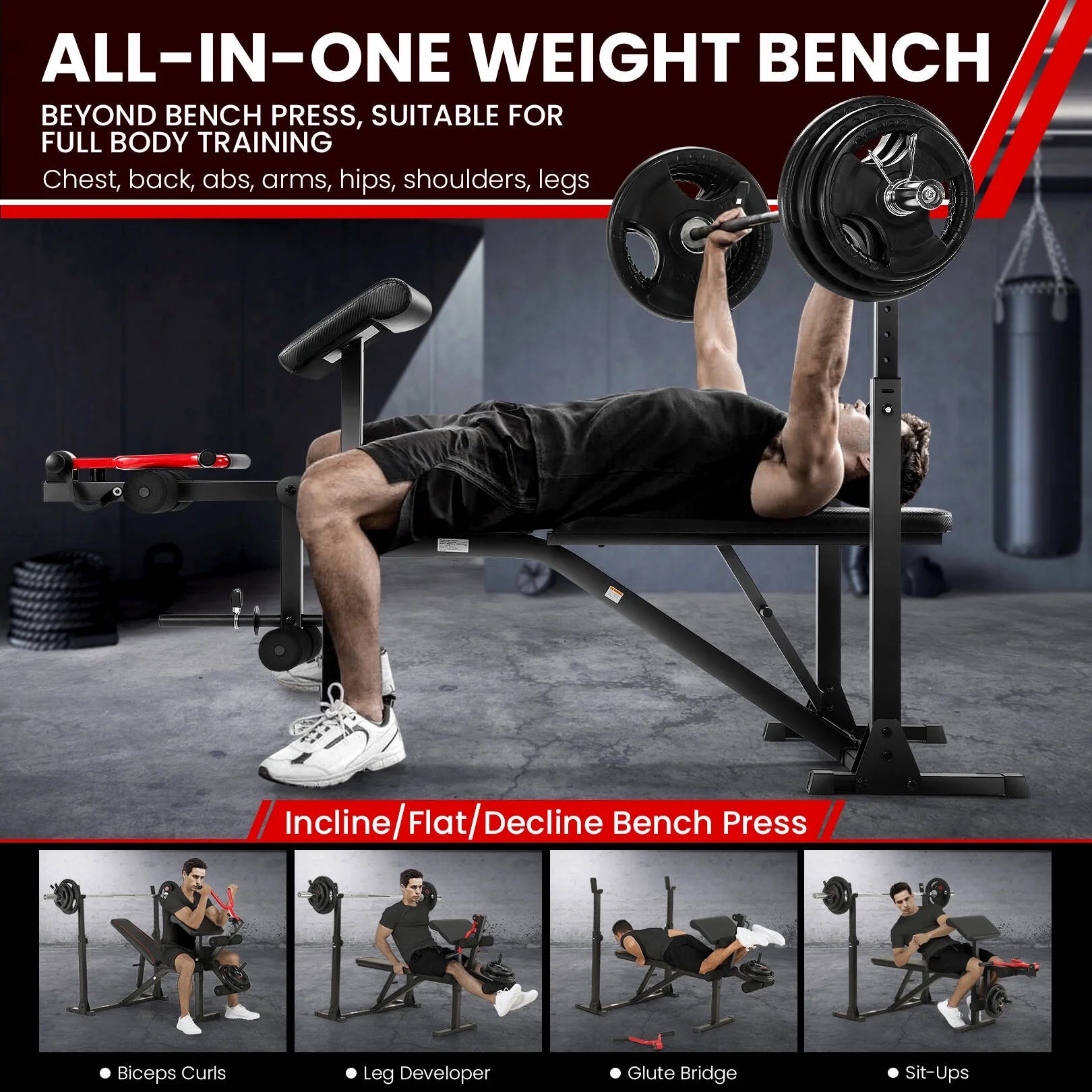 900LBS Olympic Weight Bench Set Adjustable Weight Bench with Barbell Rack, Preacher Curl, Leg Extension Multi-Purpose Workout Bench Set Full Body Strength Training