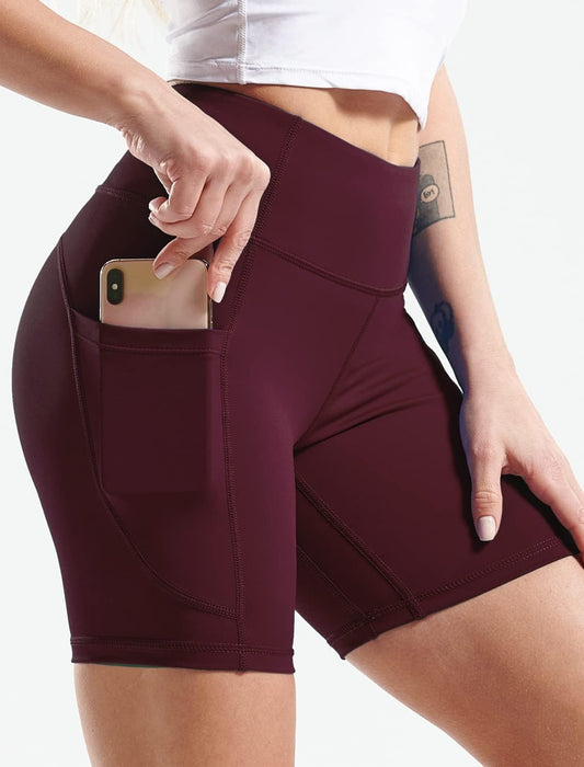 CADMUS High Waist Yoga Shorts for Women Workout Running Shorts Naked Feeling Biker Shorts Tummy Control Deep Pockets, Wine Red, XS