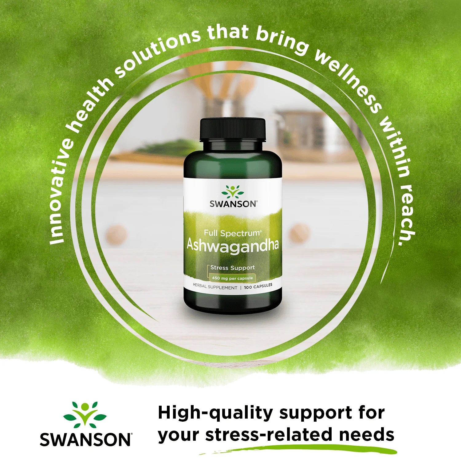 Swanson Ashwagandha Powder Supplement-Ashwagandha Root Supplement Promoting Stress Relief & Energy Support-Ayurvedic Supplement for Natural Wellness (100 Capsules, 450Mg Each)