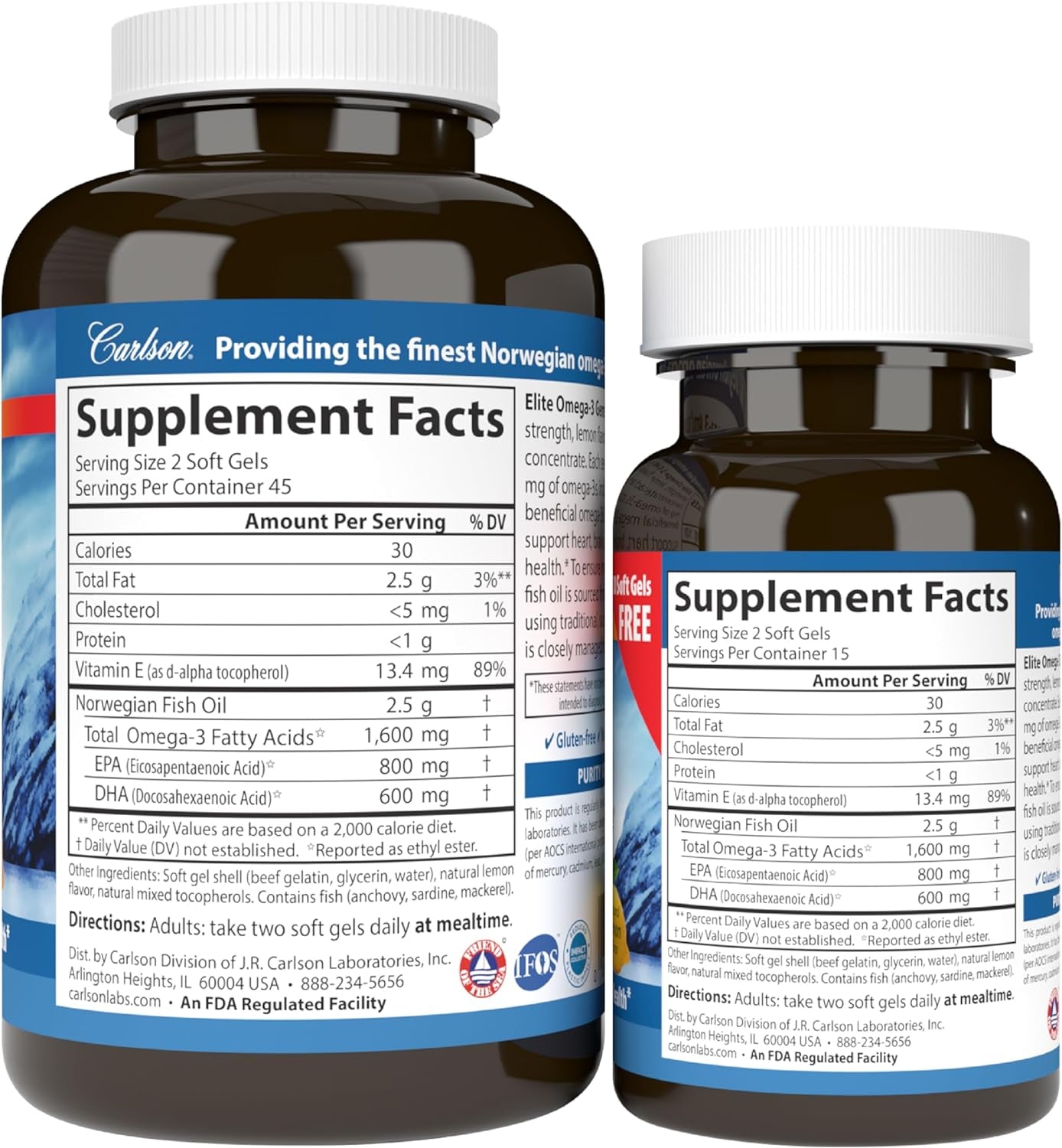 Carlson - Elite Omega-3 Gems, 1600 Mg Omega-3 Fatty Acids Including EPA and DHA, Norwegian Fish Oil Supplement, Wild Caught, Sustainably Sourced Capsules, Lemon, 90+30 Softgels