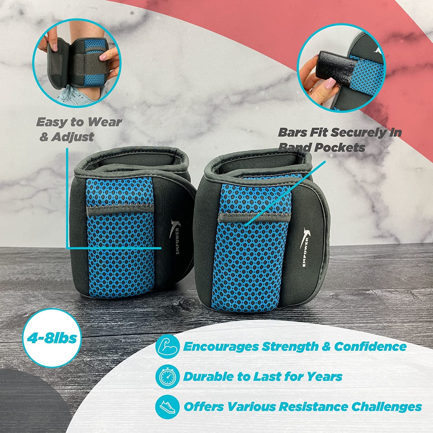 Empower Adjustable Ankle and Wrist Weights for Women - Ideal for Walking, Jogging, Toning, Resistance Training, and Physical Therapy (Available in Two Adjustable Versions: 3-4-5 lbs or 4-6-8 lbs)