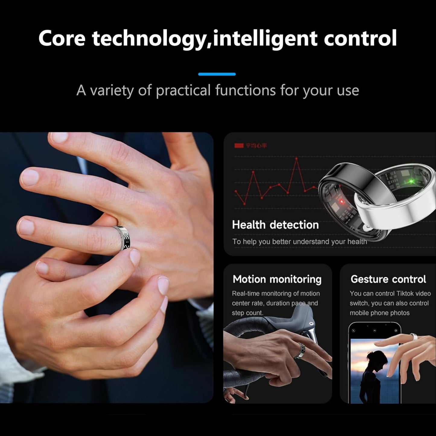 Smart Ring, Fitness Tracker Ring, Cordless Sports Health Tracker with APP, Support BT, IP68 Waterproof Activity Tracker for Men Women Birthday Gift (#10)