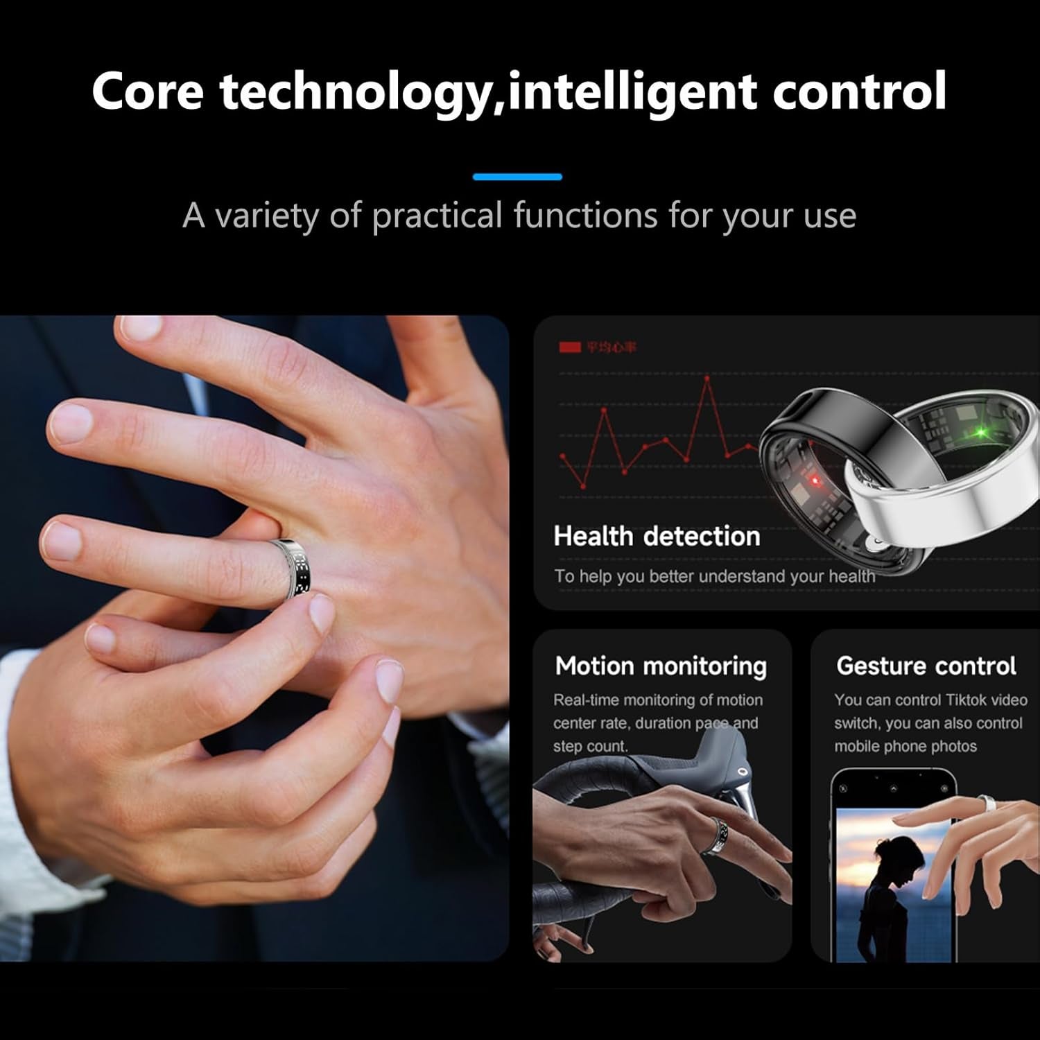 Smart Ring, Fitness Tracker Ring, Cordless Sports Health Tracker with APP, Support BT, IP68 Waterproof Activity Tracker for Men Women Birthday Gift (#10)