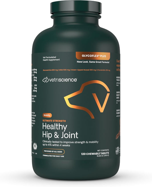 Vetriscience Ultimate Strength Healthy Hip & Joint Tablets, Glycoflex Glucosamine, Chondroitin & Green-Lipped Mussel Joint Support Supplement for Dogs, Soothe Joint Discomfort, 120 Chewable Tablets