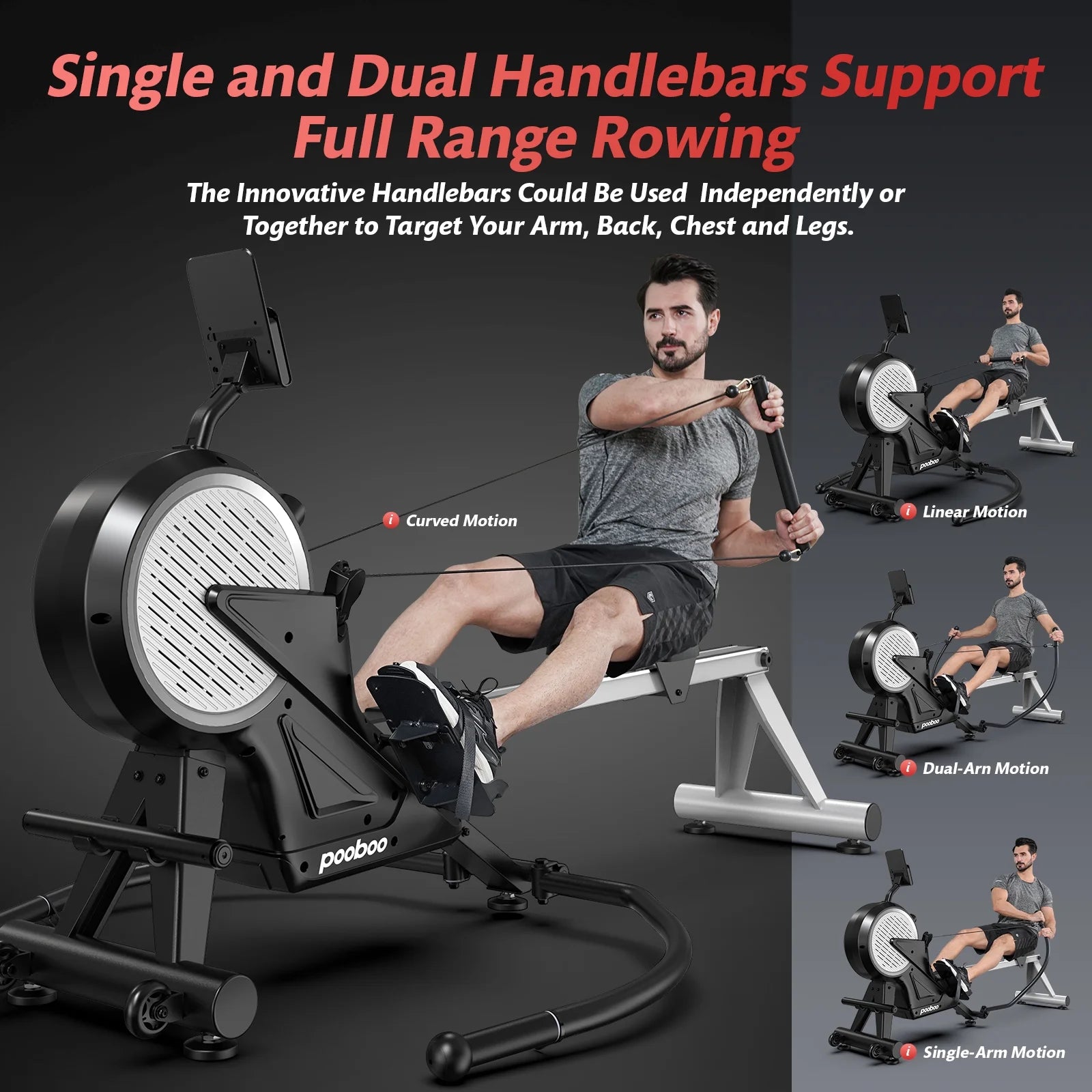 Dual Wind&Magnetic Rowing Machine 450Lbs Weight Capacity Foldable Exercise Rower Full Motion Air Rower Machine with Built-In Bluetooth App for Home Cardio Workout
