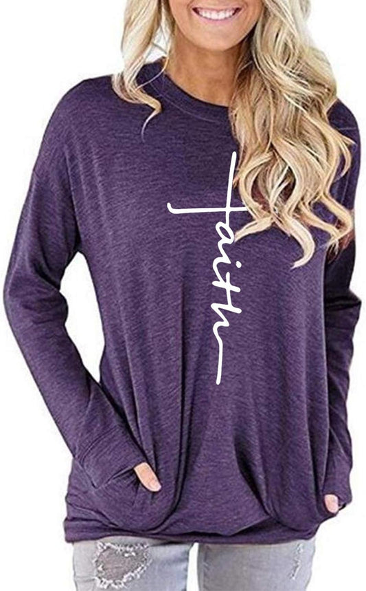 Mansy Women'S Faith Sweatshirt Loose Fit Long Sleeve Crewneck Christian Letter Print Tunic Tops with Pocket
