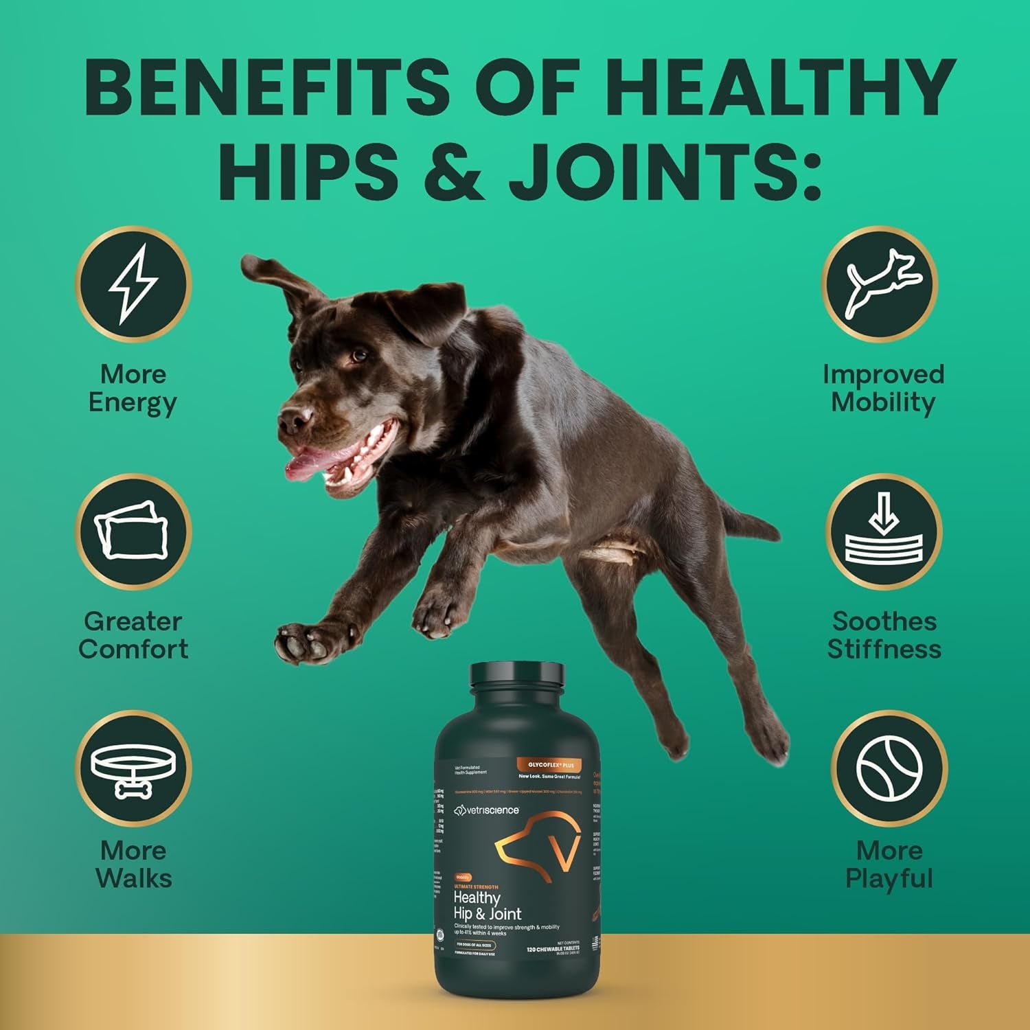 Vetriscience Ultimate Strength Healthy Hip & Joint Tablets, Glycoflex Glucosamine, Chondroitin & Green-Lipped Mussel Joint Support Supplement for Dogs, Soothe Joint Discomfort, 120 Chewable Tablets