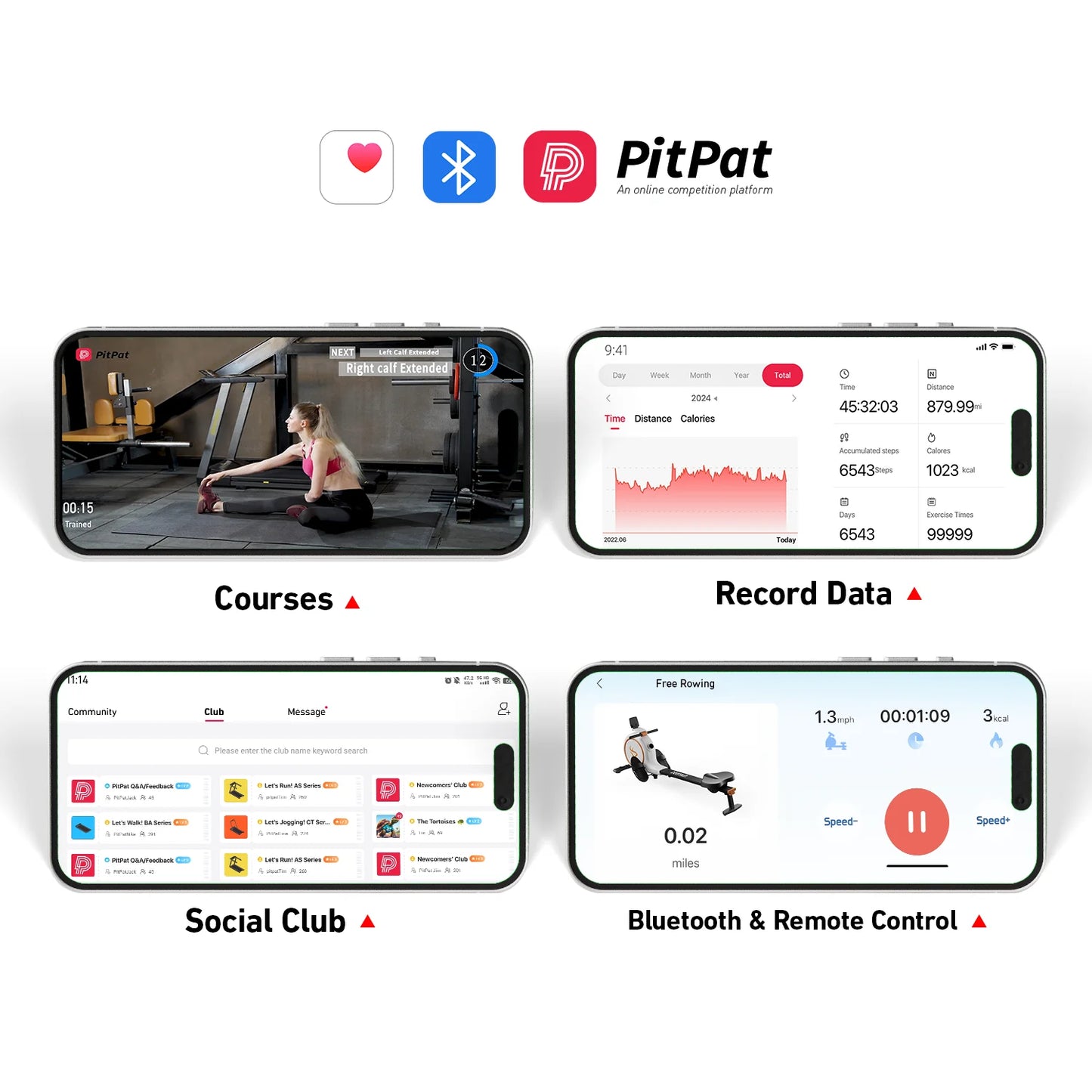 Deerrun RW600 Adjustable Magnetic Resistance Long Slide Rail Smart Rowing Machine with Pitpat