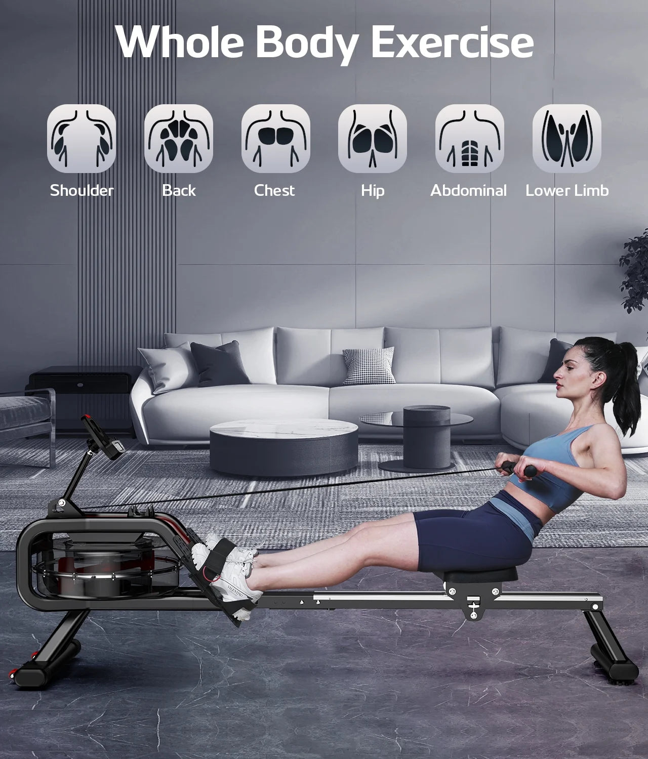 Build-In Bluetooth Water Rowing Machines Rower Foldable Indoor Rower Machines Home Exercise 350Lb
