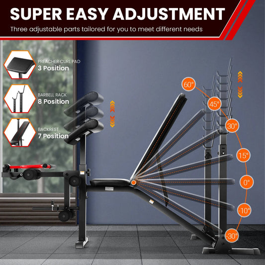 900LBS Olympic Weight Bench Set Adjustable Weight Bench with Barbell Rack, Preacher Curl, Leg Extension Multi-Purpose Workout Bench Set Full Body Strength Training