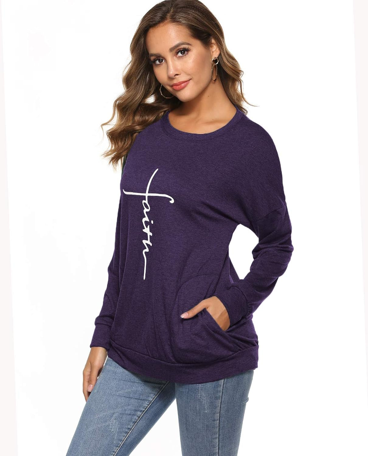 Mansy Women'S Faith Sweatshirt Loose Fit Long Sleeve Crewneck Christian Letter Print Tunic Tops with Pocket