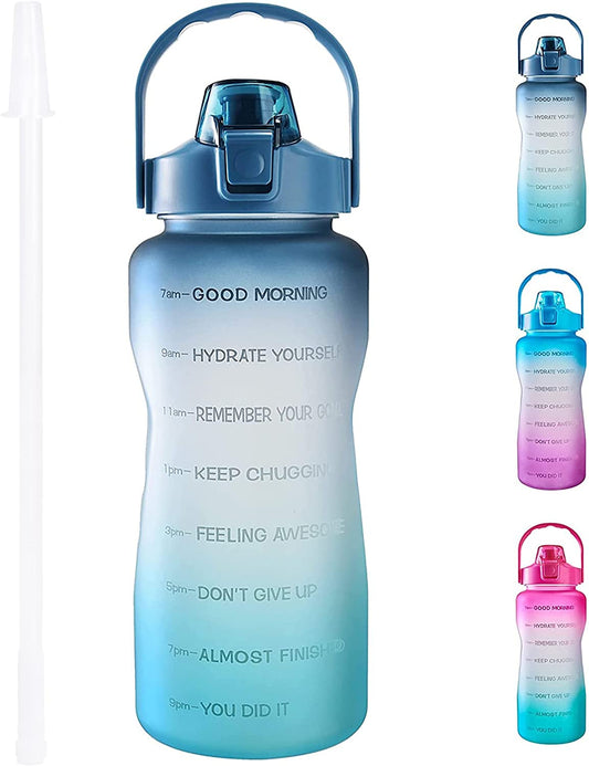 EYQ Half Gallon Water Bottle with Straw & Handle, Leakproof 64 Oz Motivational Sports Water Bottle with Time to Drink Ensure You Drink Enough Water for Indoor Outdoor Sports (Navy/Blue Gradient)