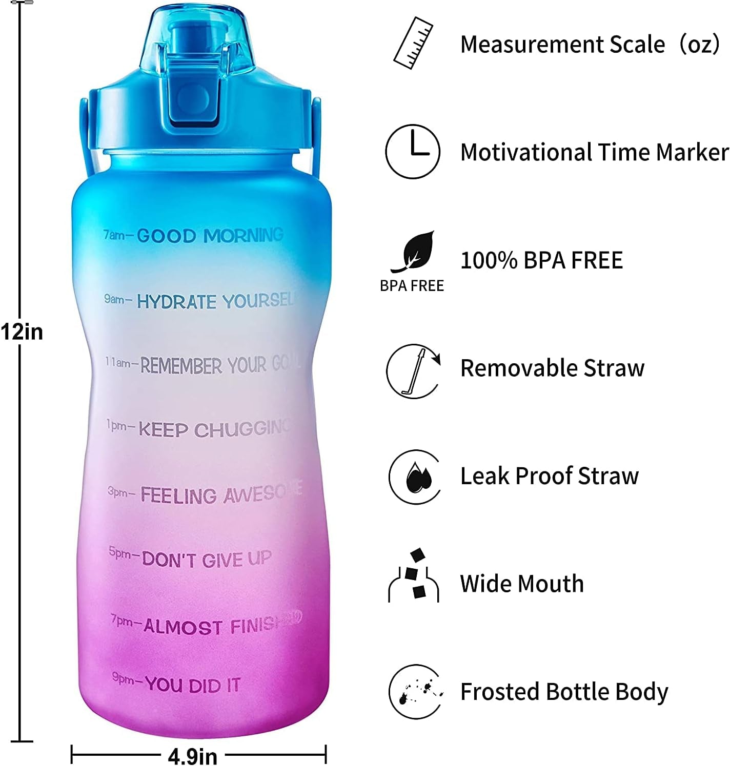 EYQ Half Gallon Water Bottle with Straw & Handle, Leakproof 64 Oz Motivational Sports Water Bottle with Time to Drink Ensure You Drink Enough Water for Indoor Outdoor Sports (Blue/Purple Gradient)