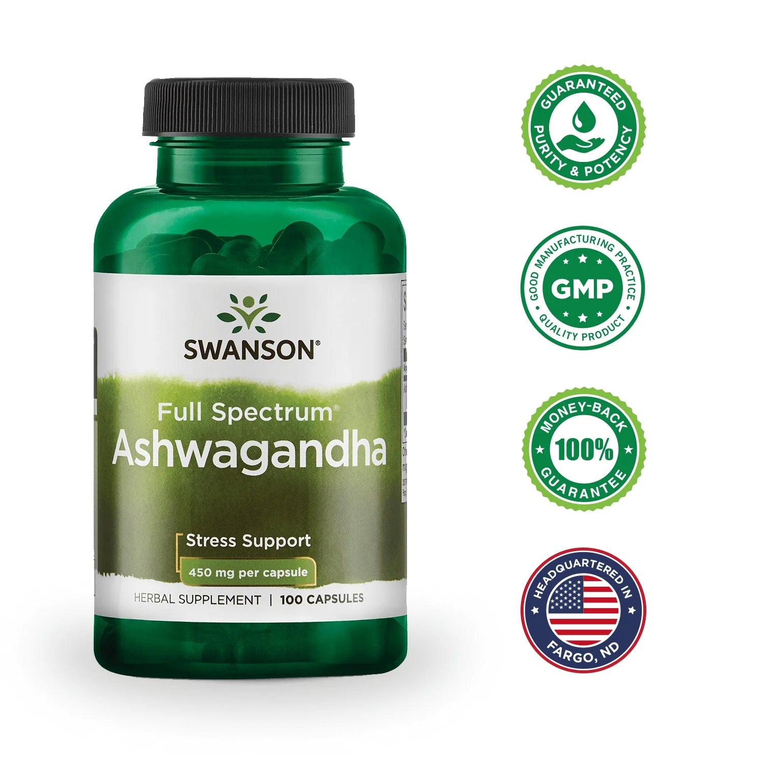 Swanson Ashwagandha Powder Supplement-Ashwagandha Root Supplement Promoting Stress Relief & Energy Support-Ayurvedic Supplement for Natural Wellness (100 Capsules, 450Mg Each)