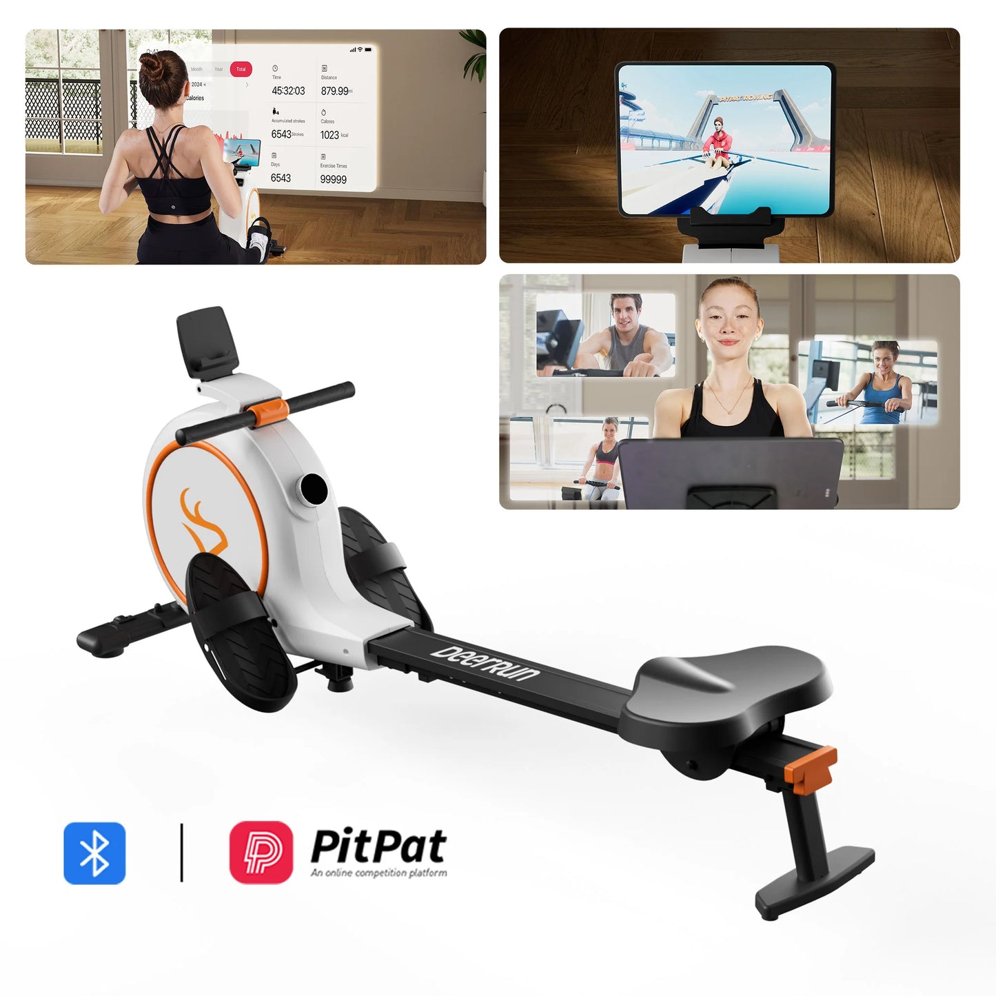 Deerrun RW600 Adjustable Magnetic Resistance Long Slide Rail Smart Rowing Machine with Pitpat