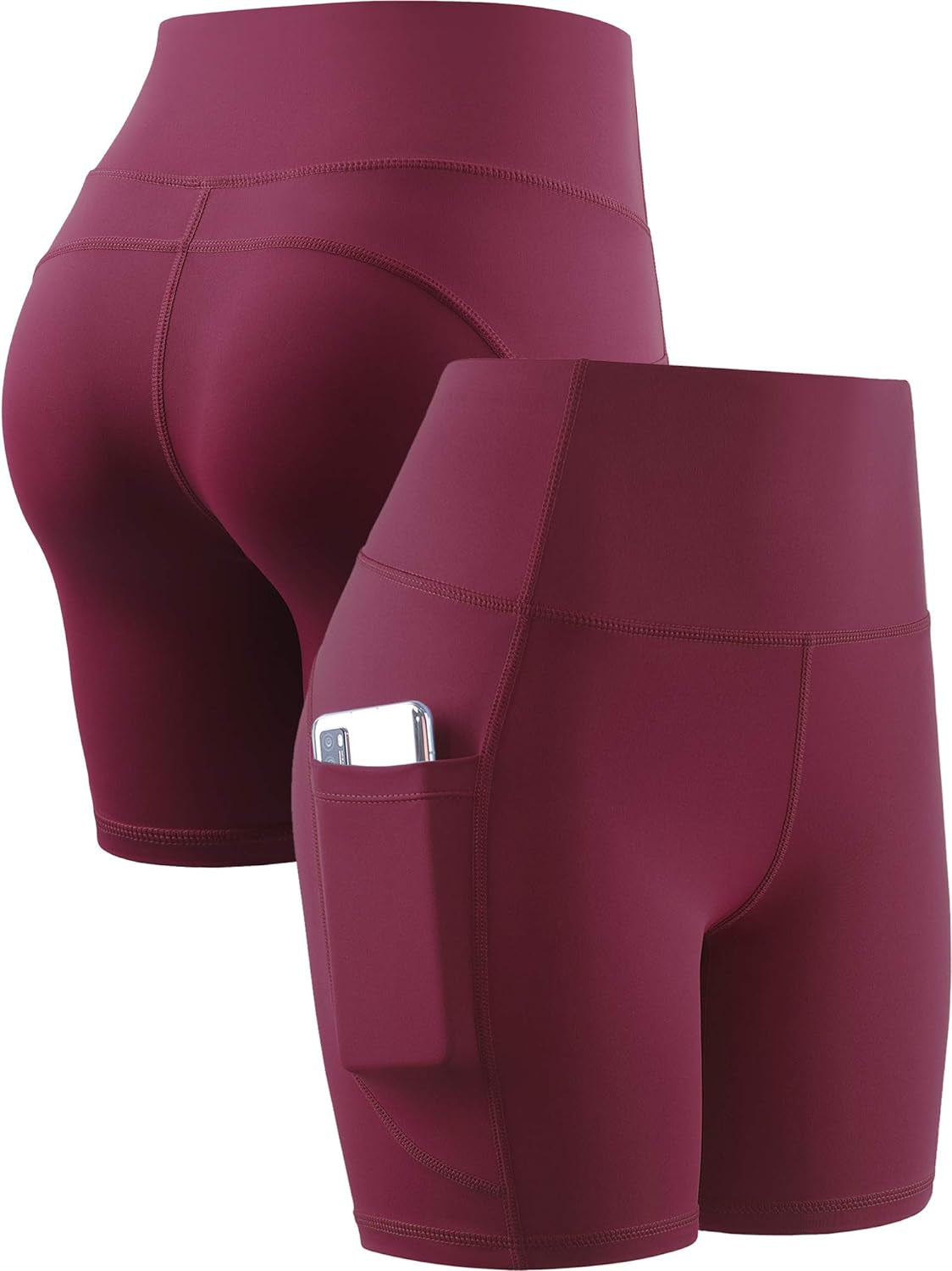 CADMUS High Waist Yoga Shorts for Women Workout Running Shorts Naked Feeling Biker Shorts Tummy Control Deep Pockets, Wine Red, XS