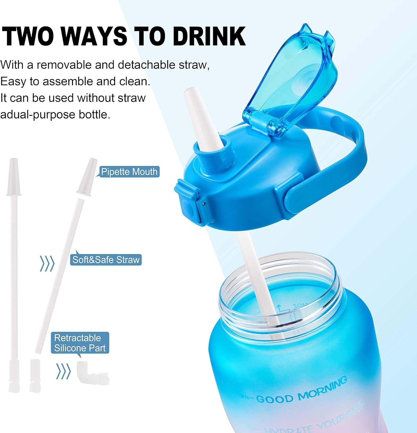 EYQ Half Gallon Water Bottle with Straw & Handle, Leakproof 64 Oz Motivational Sports Water Bottle with Time to Drink Ensure You Drink Enough Water for Indoor Outdoor Sports (Blue/Purple Gradient)