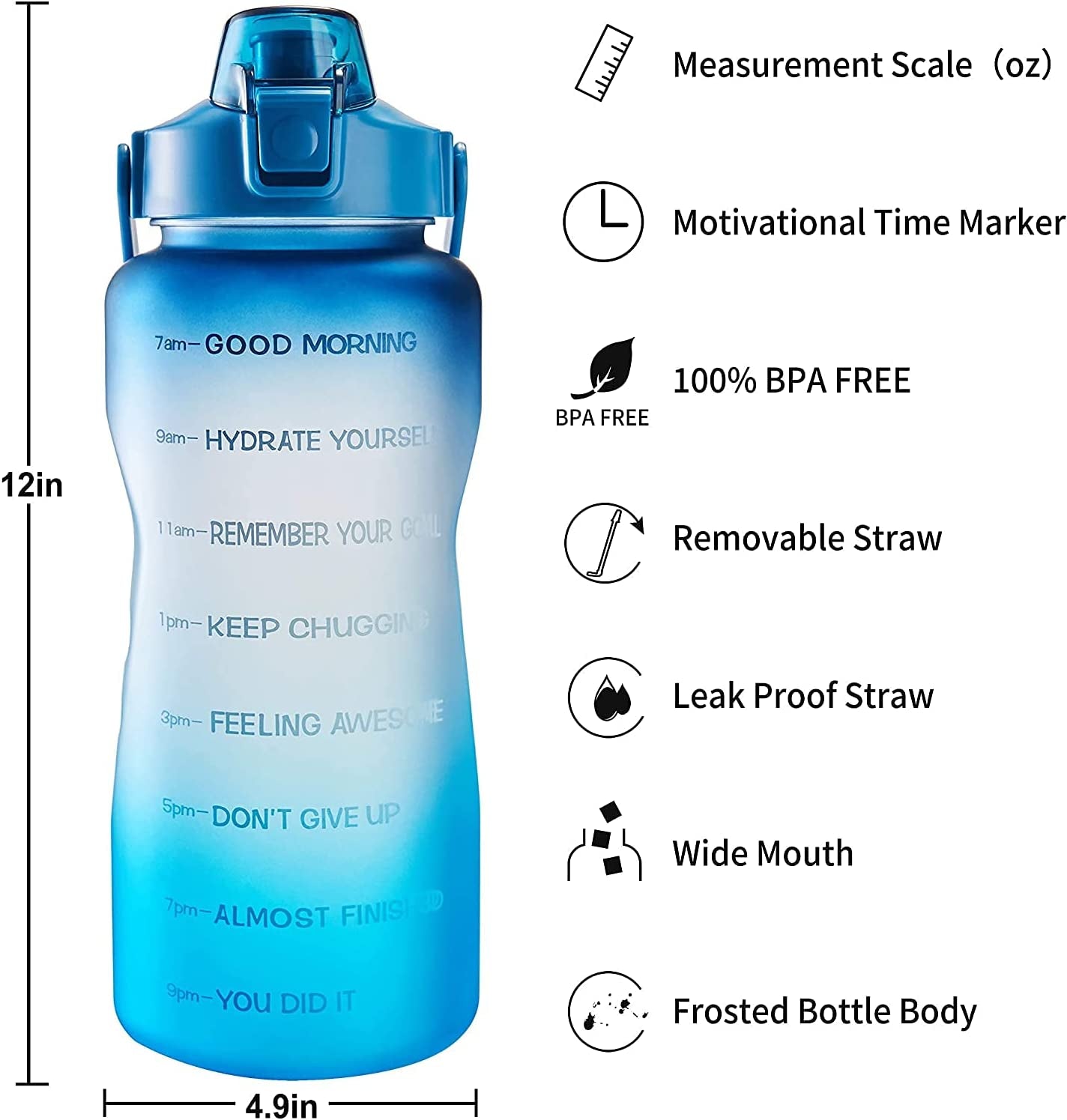 EYQ Half Gallon Water Bottle with Straw & Handle, Leakproof 64 Oz Motivational Sports Water Bottle with Time to Drink Ensure You Drink Enough Water for Indoor Outdoor Sports (Navy/Blue Gradient)