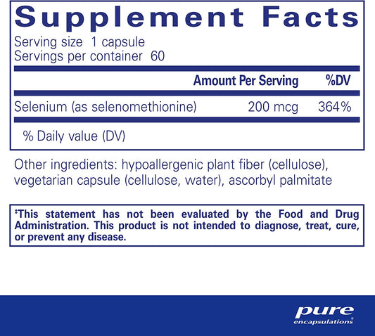 Pure Encapsulations Selenium - 200 Mcg - for Healthy Cellular Function, Immune System & Antioxidant Defenses - Mineral Supplement - Vegan & Gluten Free - 60 Capsules