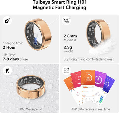 Fitness Tracker Smart Ring, Step Counter for Walking, Heart Rate Blood Oxygen Calorie Sleep Tracker Health Ring, IP68 Waterproof Design, Stainless Steel, 5-7 Days Battery Life(Rose Gold, US11)