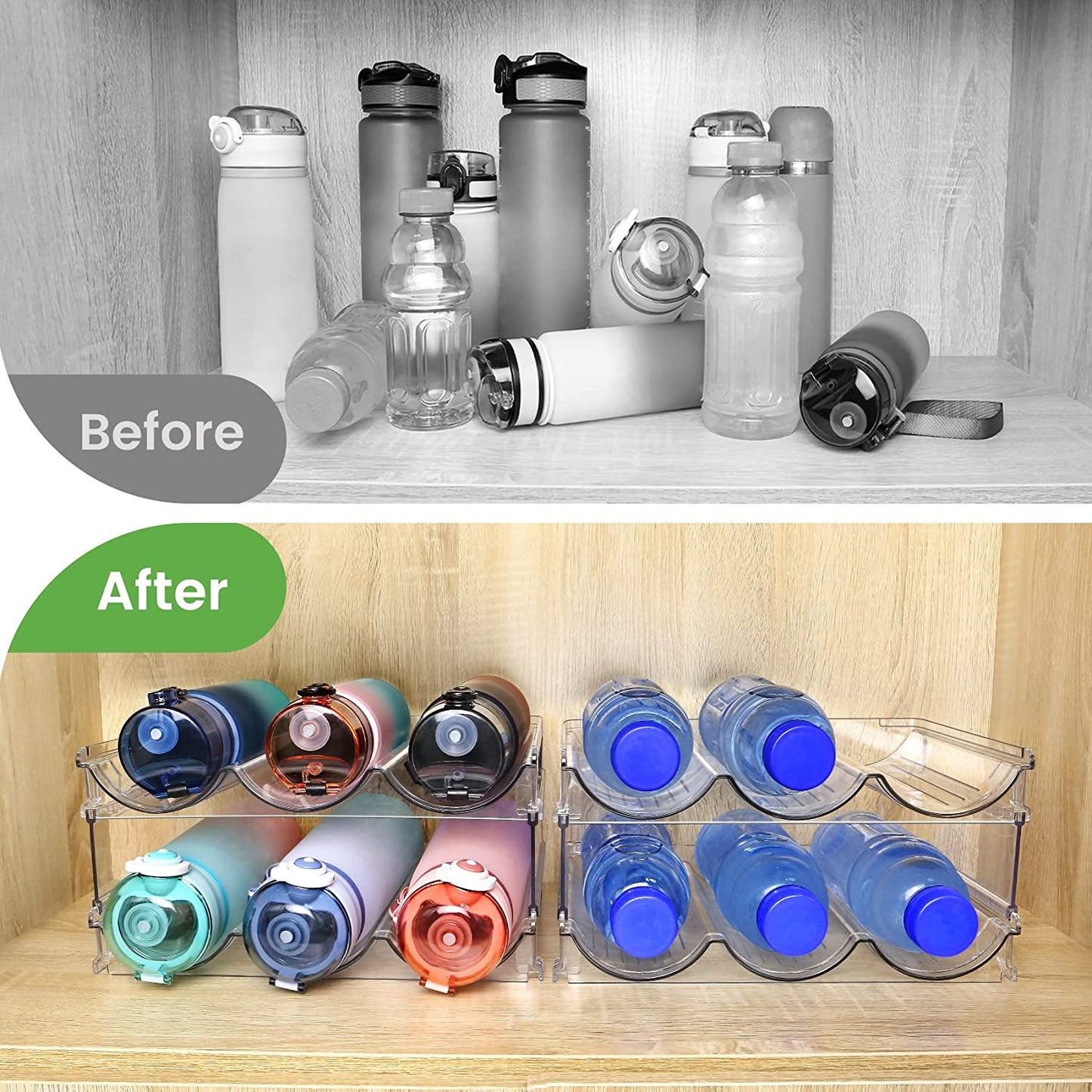 Water Bottle Organizer for Cabinet, 3 Pack Water Bottle Organization and Storage Shelf, Plastic Water Bottle Holder Rack for Fridge, Kitchen, Desktop