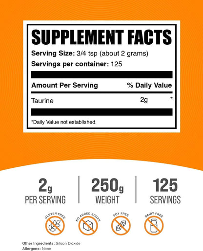 Bulksupplements.Com Taurine Powder - Taurine Supplement, Amino Acid Supplement for Energy - Unflavored & Gluten Free, 2G per Serving, 250G (8.8 Oz) (Pack of 1)