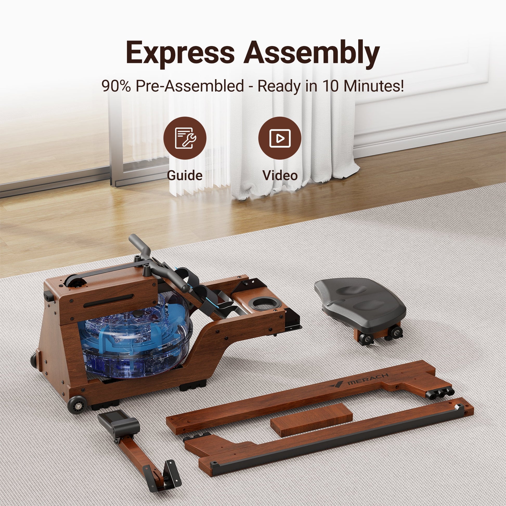 Water Rowing Machine for Home Use Solid Wood Rower with Pro Monitor,Newly Upgraded Seat Cushion,Easy Assembly, Bluetooth,App,Max 330Lb