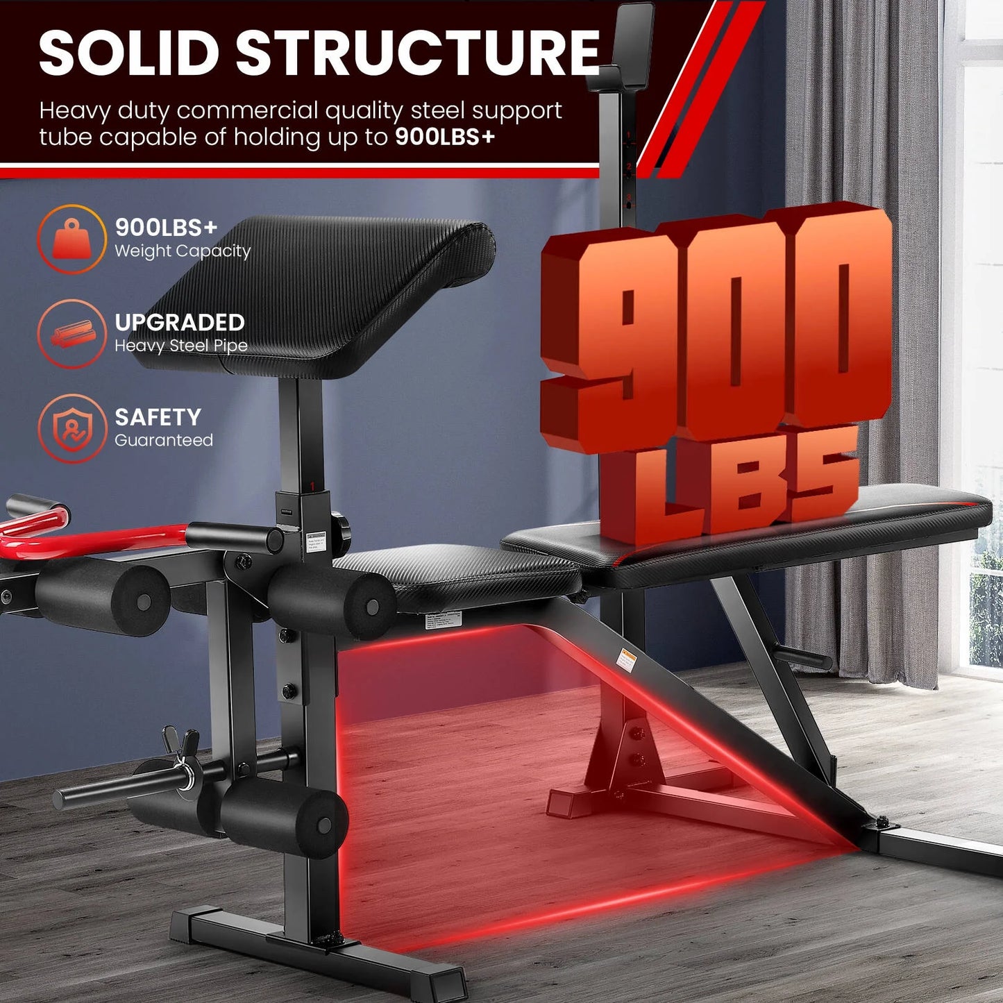 900LBS Olympic Weight Bench Set Adjustable Weight Bench with Barbell Rack, Preacher Curl, Leg Extension Multi-Purpose Workout Bench Set Full Body Strength Training