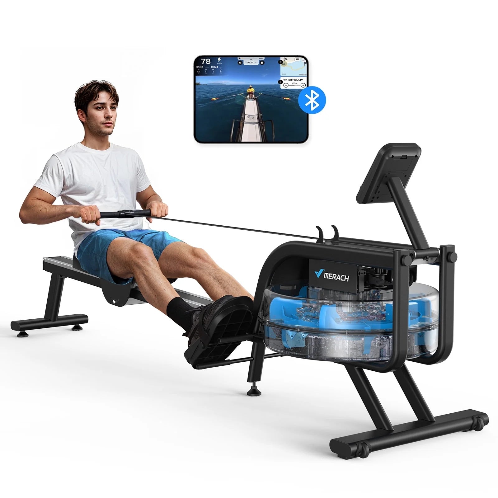 Rowing Machine 16 Levels of Quiet Resistance, Water Rowing with LCD Monitor, 350 Lbs Weight Capacity for Home Use