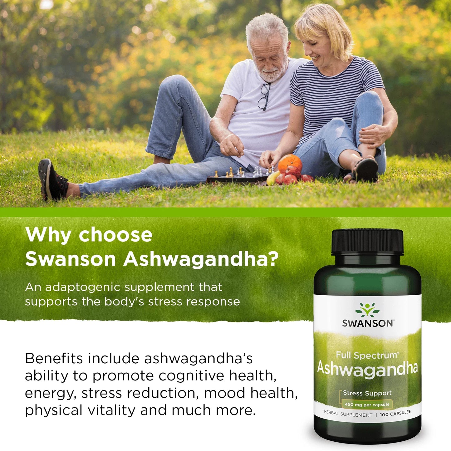 Swanson Ashwagandha Powder Supplement-Ashwagandha Root Supplement Promoting Stress Relief & Energy Support-Ayurvedic Supplement for Natural Wellness (100 Capsules, 450Mg Each)
