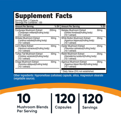 Mushroom Complex Supplement, 120 Capsules - 10 Mushroom Blend - Supplement