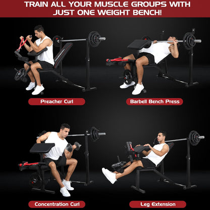 OPPSDECOR 900LBS Weight Bench Set with Squat Rack Preacher Curl Weight Bench with Leg Extension Bench Press Set Workout Bench for Home Gym Full Body Workout