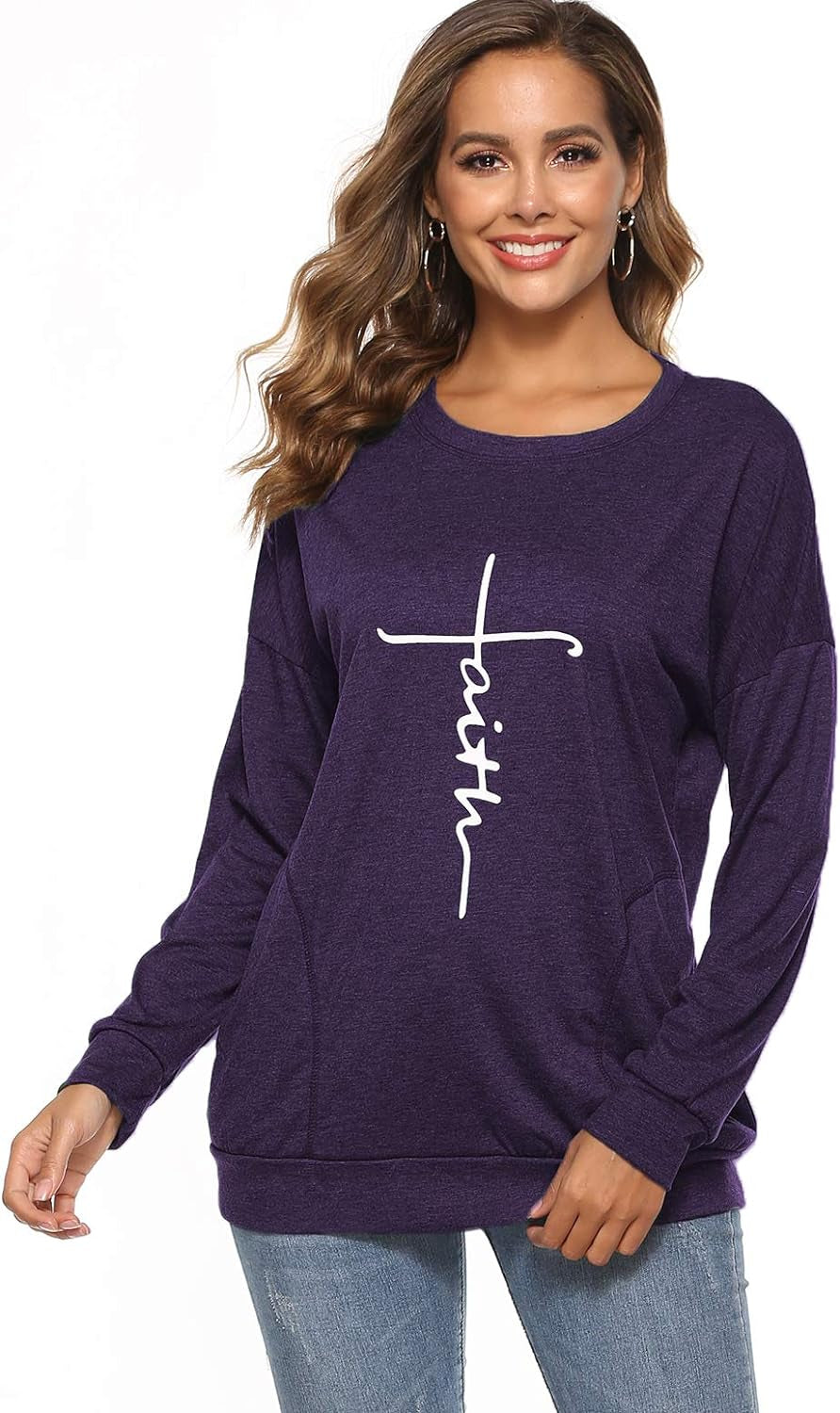 Mansy Women'S Faith Sweatshirt Loose Fit Long Sleeve Crewneck Christian Letter Print Tunic Tops with Pocket