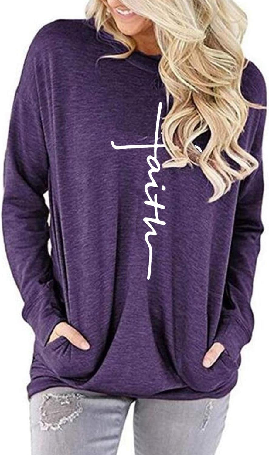 Mansy Women'S Faith Sweatshirt Loose Fit Long Sleeve Crewneck Christian Letter Print Tunic Tops with Pocket
