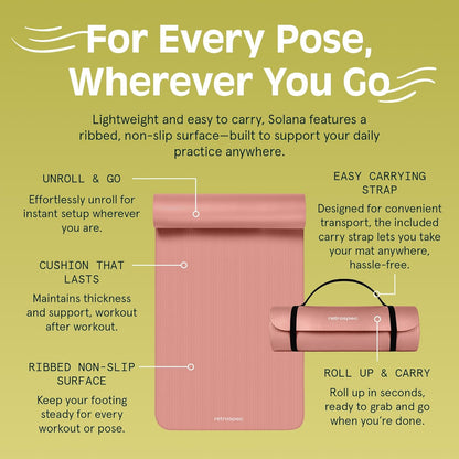 Retrospec Solana Yoga Mat 1/2" Thick W/Nylon Strap for Men & Women - Non Slip Exercise Mat for Yoga, Pilates, Stretching, Floor & Fitness Workouts