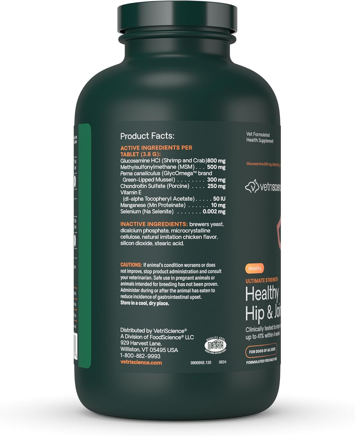 Vetriscience Ultimate Strength Healthy Hip & Joint Tablets, Glycoflex Glucosamine, Chondroitin & Green-Lipped Mussel Joint Support Supplement for Dogs, Soothe Joint Discomfort, 120 Chewable Tablets