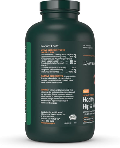 Vetriscience Ultimate Strength Healthy Hip & Joint Tablets, Glycoflex Glucosamine, Chondroitin & Green-Lipped Mussel Joint Support Supplement for Dogs, Soothe Joint Discomfort, 120 Chewable Tablets