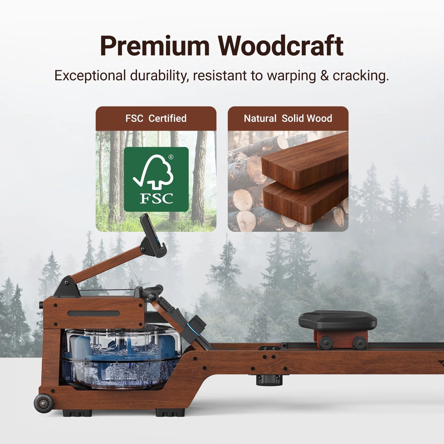 Water Rowing Machine for Home Use Solid Wood Rower with Pro Monitor,Newly Upgraded Seat Cushion,Easy Assembly, Bluetooth,App,Max 330Lb