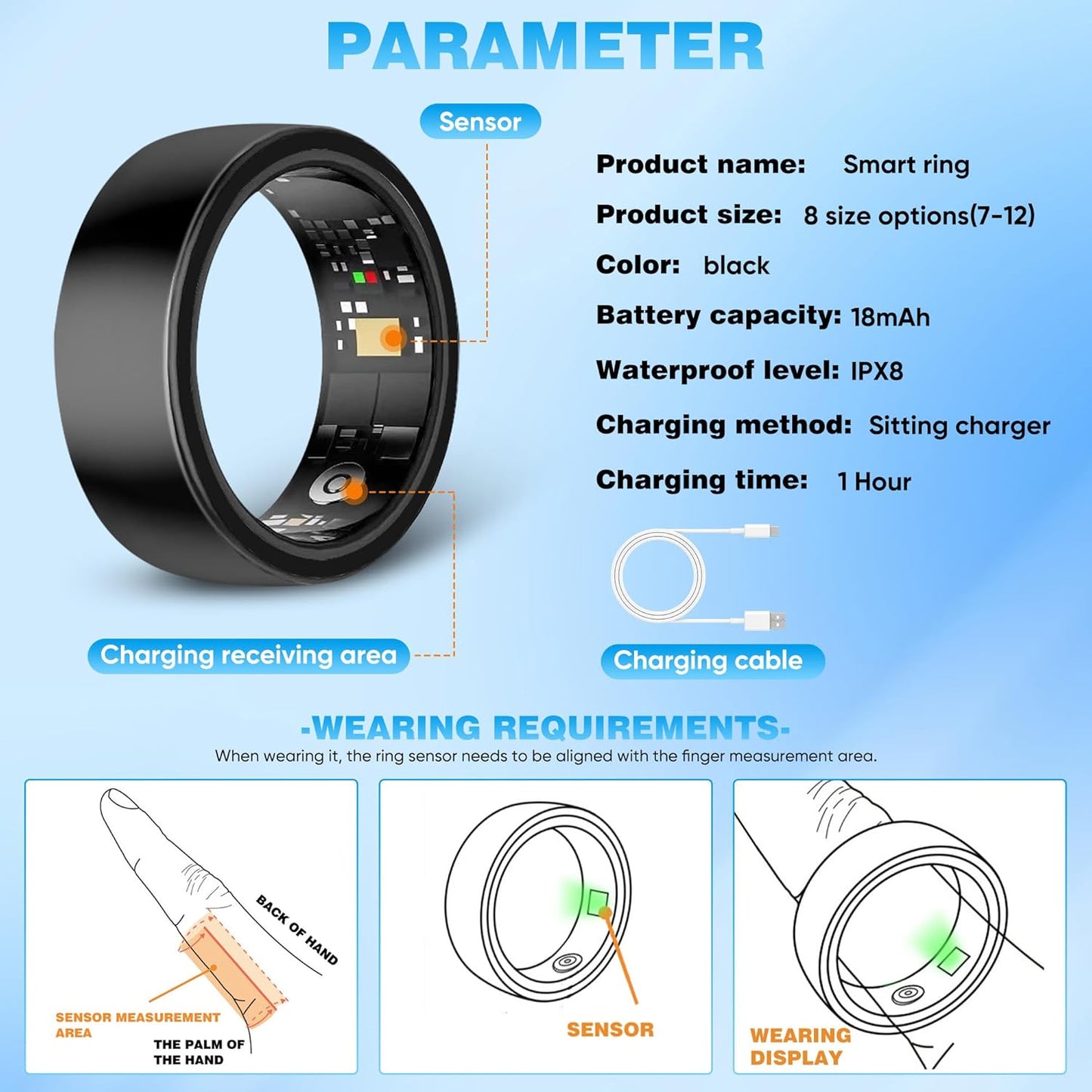 Smart Rings for Women Men, Sleep Tracker, Step Tracker, No Subscription Fee, IP68 Waterproof Smart Ring for Ios & Android (Black 7#)