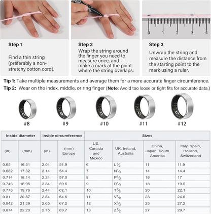 Smart Ring Fitness Tracker Ring for Men Women - Health Heart Rate Ring with Motion Tracking, Sleep Monitor, and Oximetry, No Subscription Fee, Family Care, Remote Photography, IP68 Waterproof(10#)